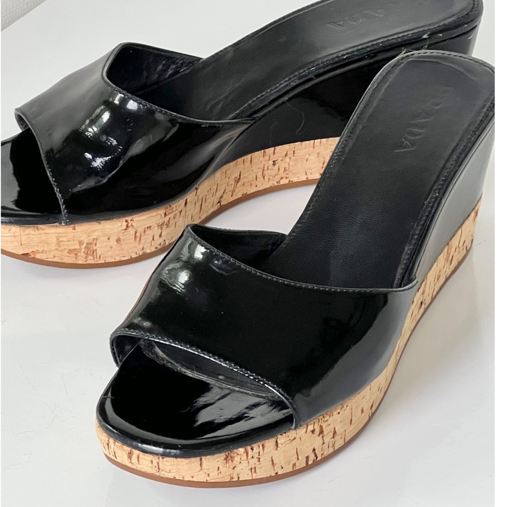 Prada Glossy Black Wedges with Cork Platform